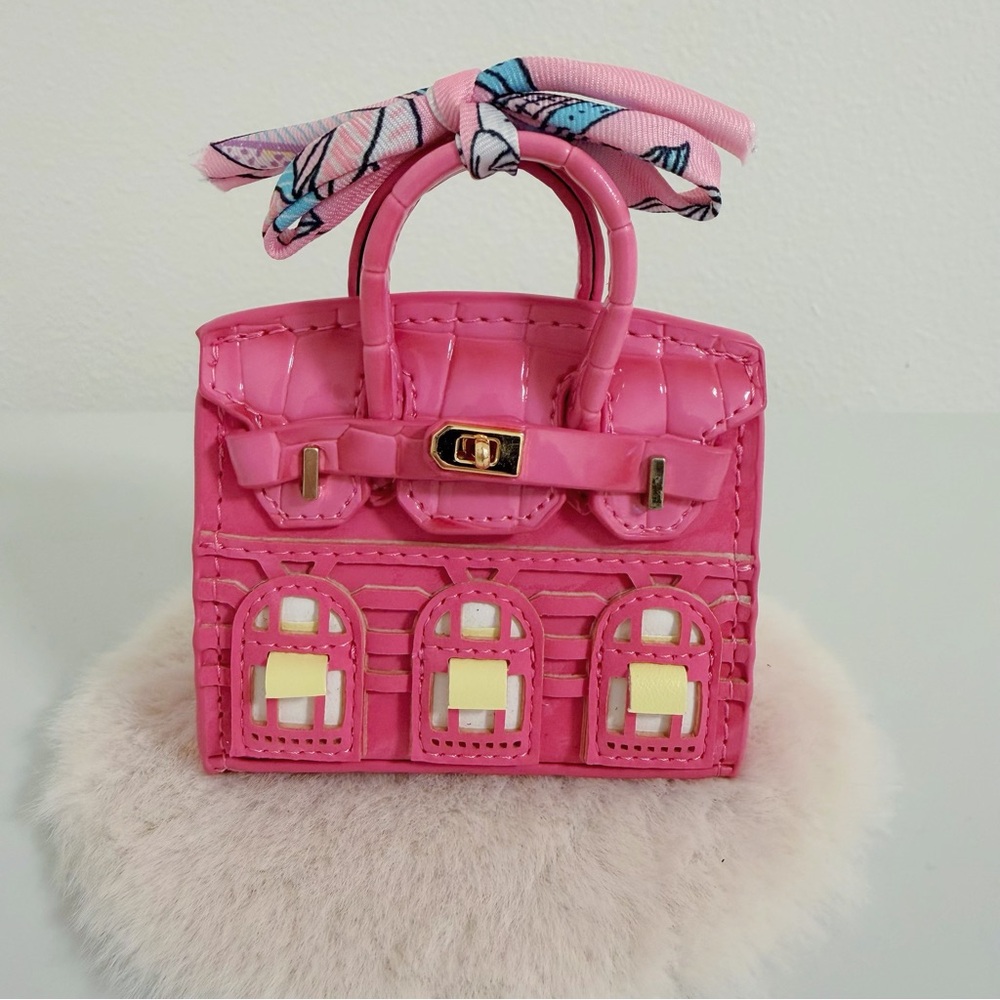 Mini Pink House Bag Charm Velvet Texture Patent Croc Flap Cute Purse